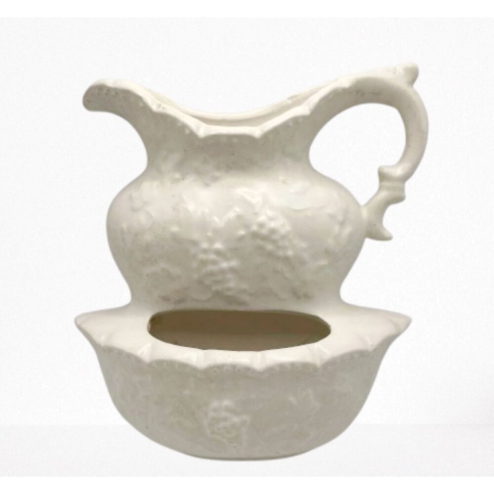 Vintage White Ceramic Pitcher Bowl Pocket Wall Planter